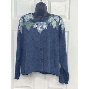 Moore Designs Women Batnik Original Hand Made Blue Damask Button Front Blouse XL